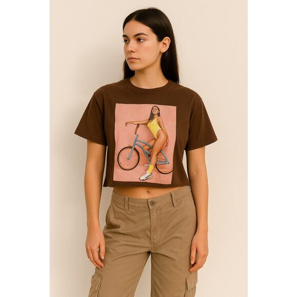 Y2K Brown Graphic Tee Girl on Bike Cropped Fit Unbranded S/M - Picture 1 of 5